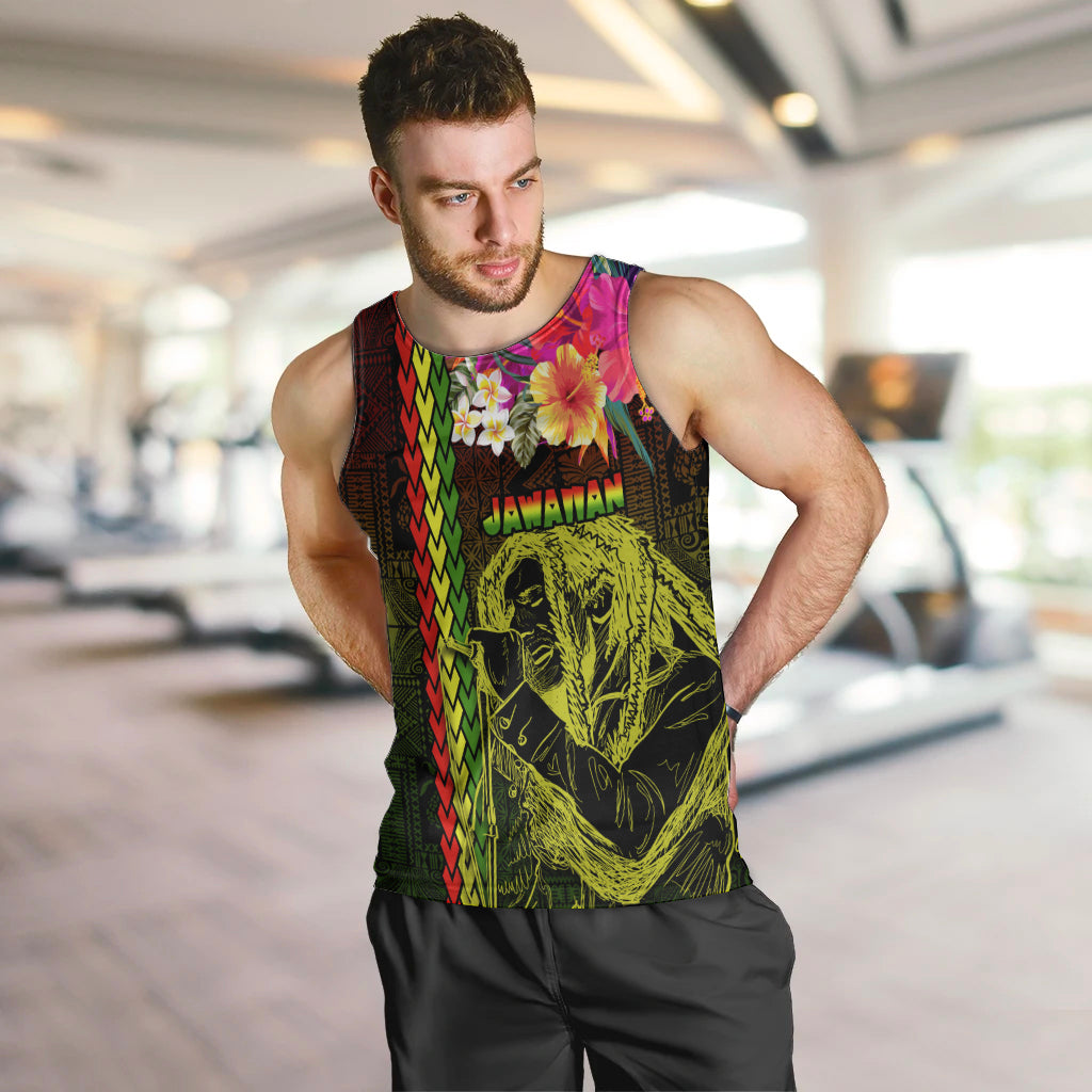 Hawaiian Reggae Music Men Tank Top Jamaica Singer Tribal Polynesian and Hibiscus - Wonder Print Shop