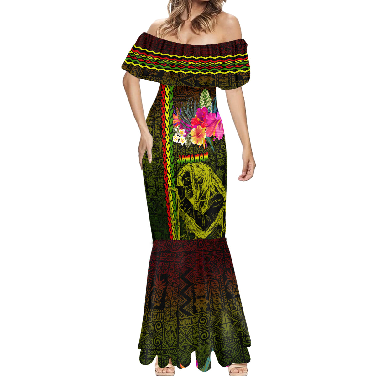 Hawaiian Reggae Music Mermaid Dress Jamaica Singer Tribal Polynesian and Hibiscus - Wonder Print Shop