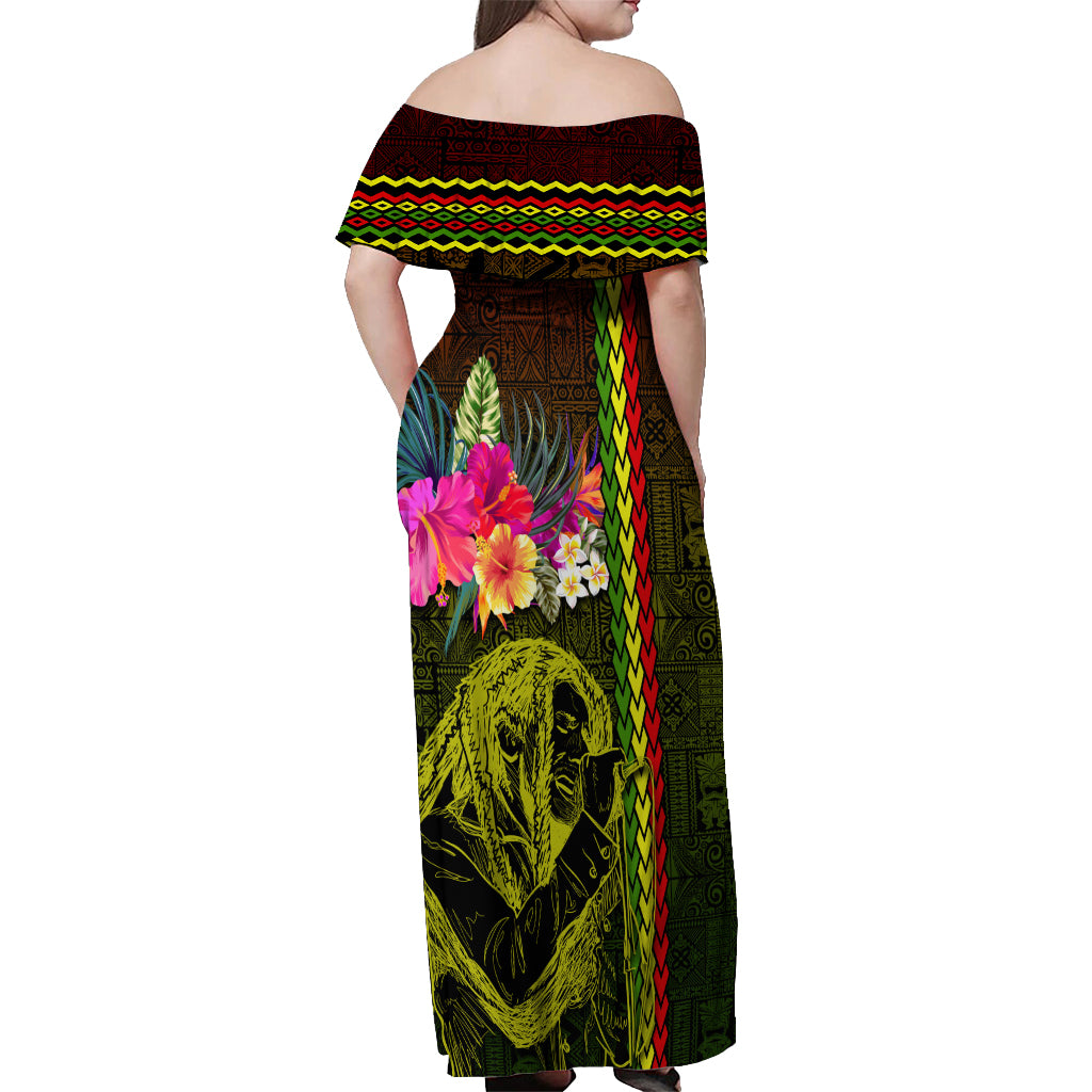Hawaiian Reggae Music Off Shoulder Maxi Dress Jamaica Singer Tribal Polynesian and Hibiscus - Wonder Print Shop
