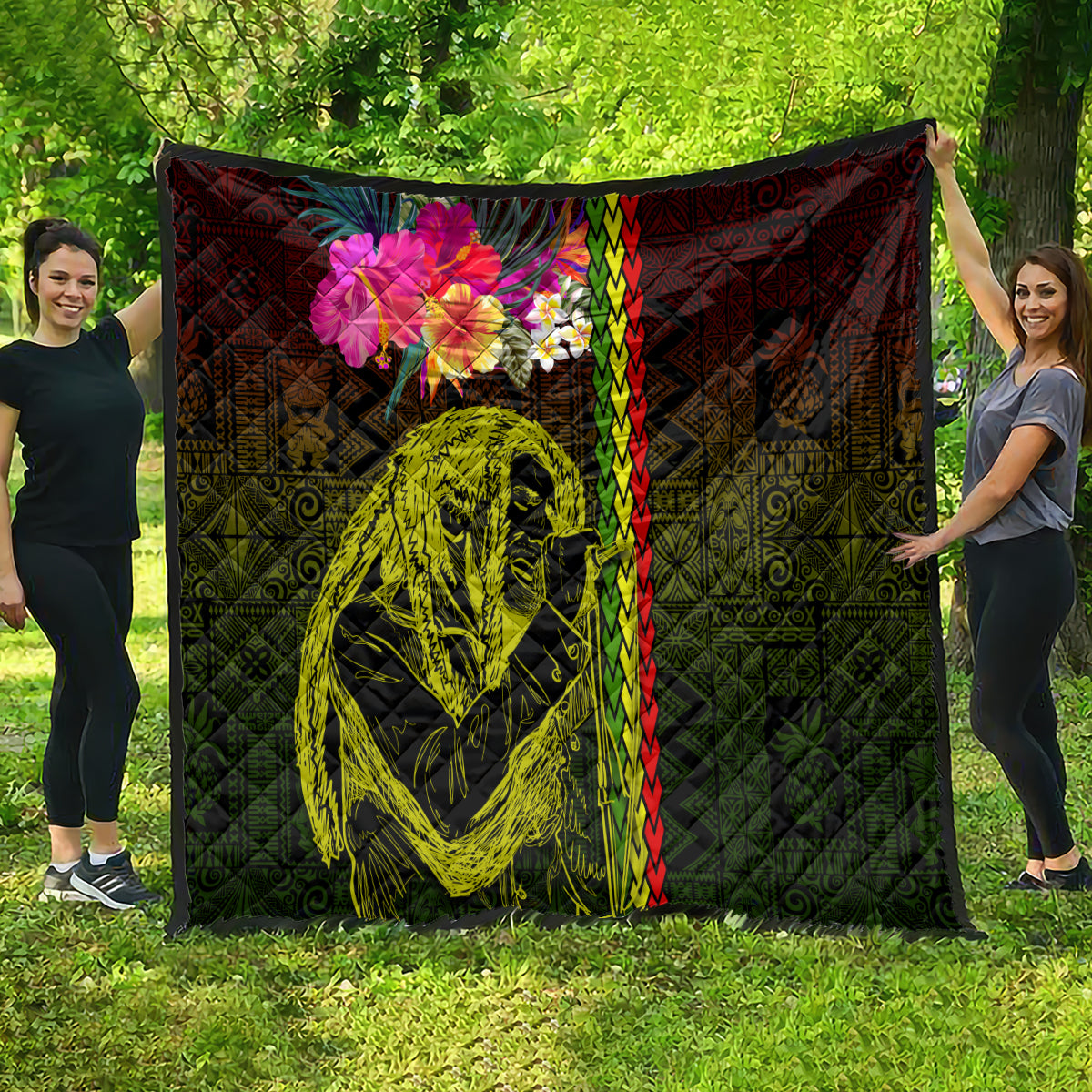 Hawaiian Reggae Music Quilt Jamaica Singer Tribal Polynesian and Hibiscus - Wonder Print Shop