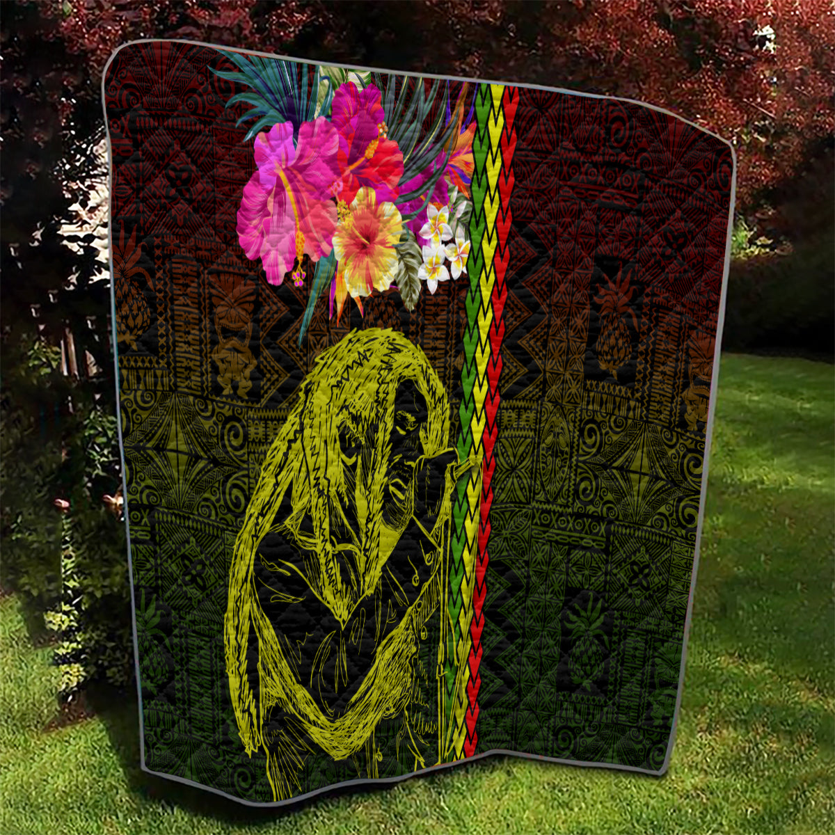 Hawaiian Reggae Music Quilt Jamaica Singer Tribal Polynesian and Hibiscus - Wonder Print Shop