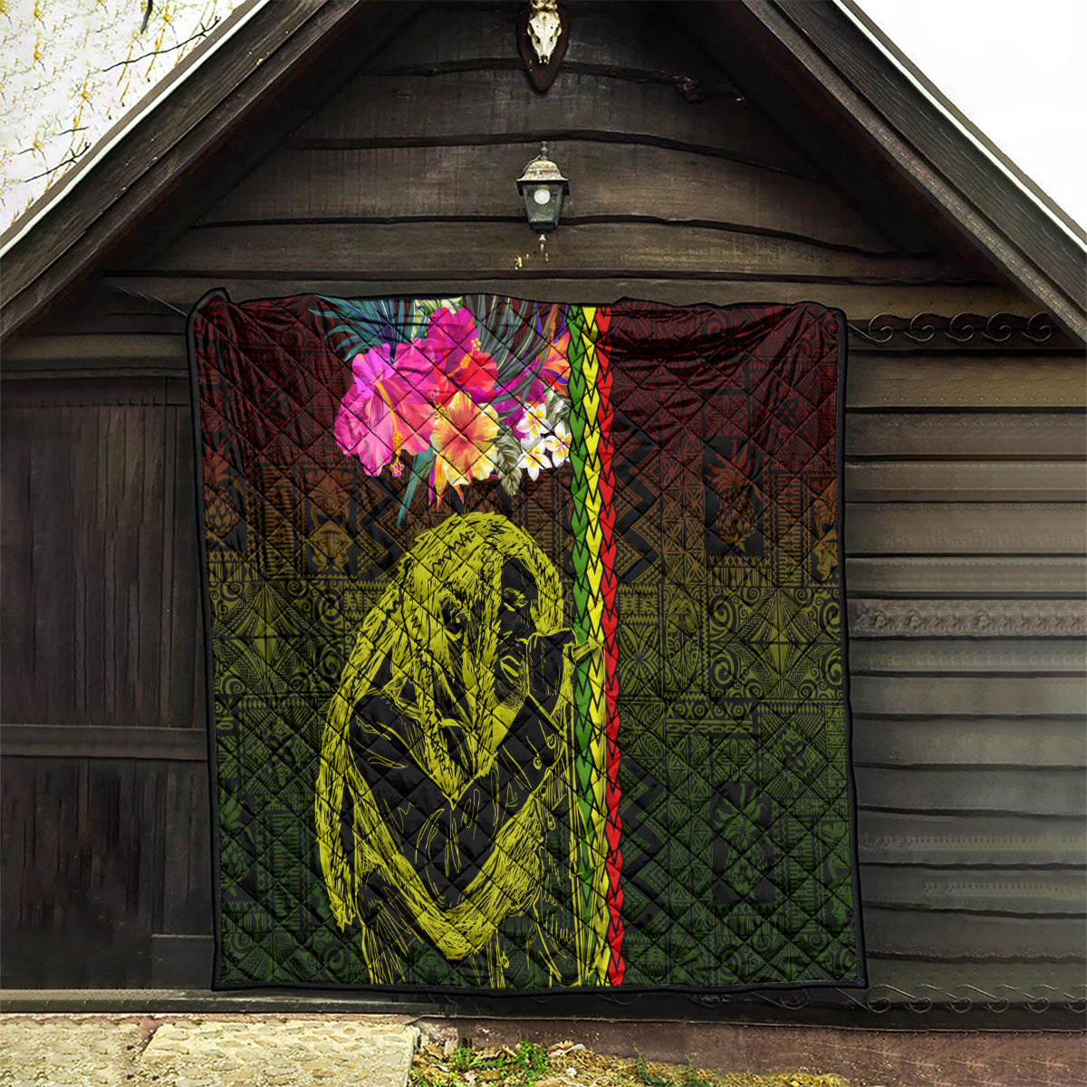 Hawaiian Reggae Music Quilt Jamaica Singer Tribal Polynesian and Hibiscus - Wonder Print Shop