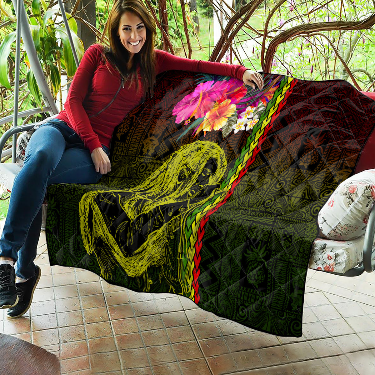 Hawaiian Reggae Music Quilt Jamaica Singer Tribal Polynesian and Hibiscus - Wonder Print Shop