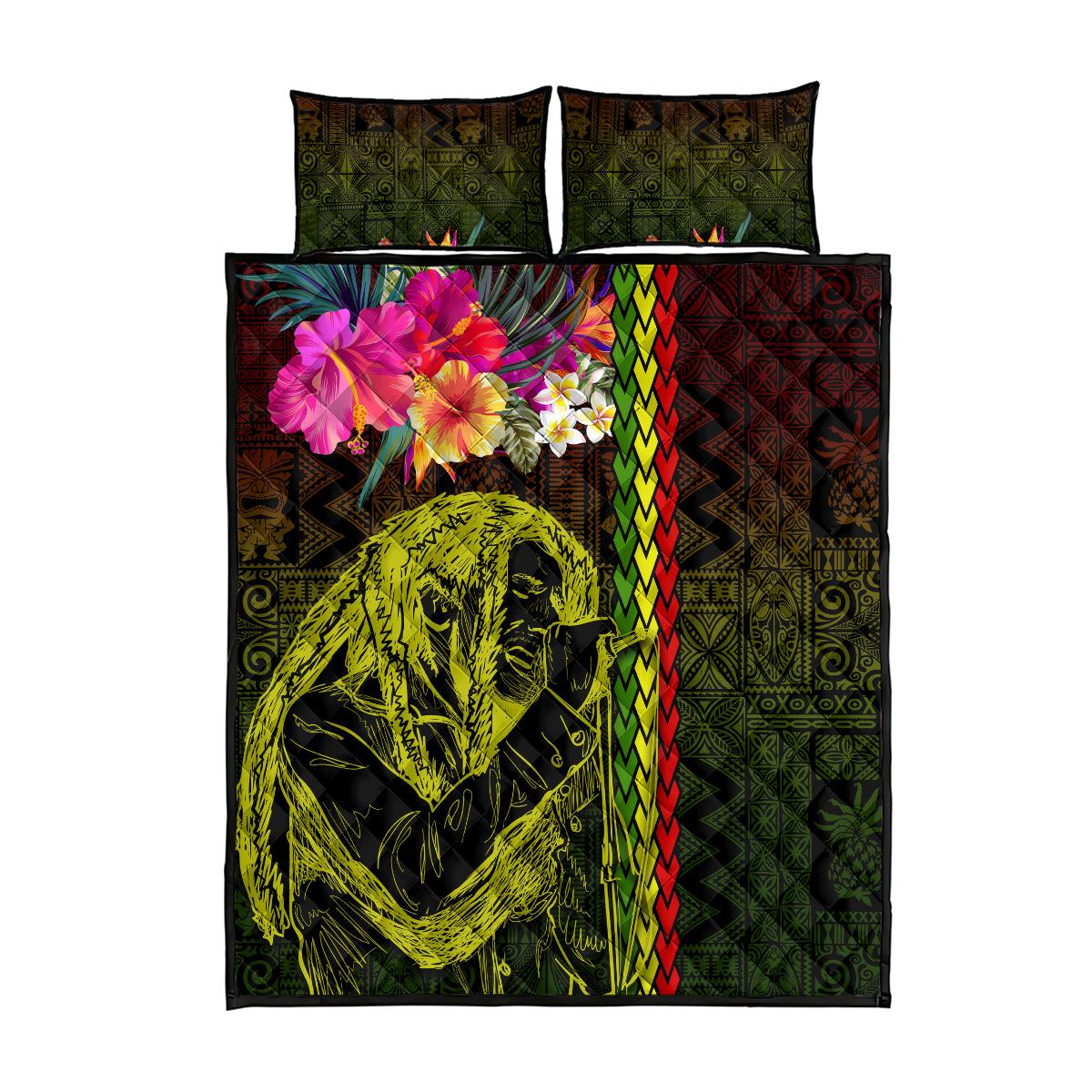 Hawaiian Reggae Music Quilt Bed Set Jamaica Singer Tribal Polynesian and Hibiscus - Wonder Print Shop