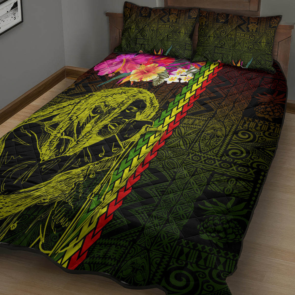Hawaiian Reggae Music Quilt Bed Set Jamaica Singer Tribal Polynesian and Hibiscus - Wonder Print Shop