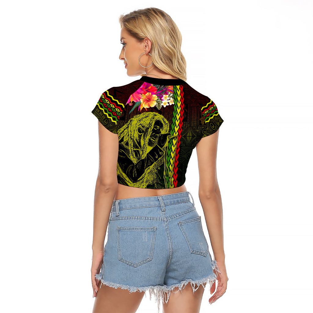 Hawaiian Reggae Music Raglan Cropped T Shirt Jamaica Singer Tribal Polynesian and Hibiscus - Wonder Print Shop