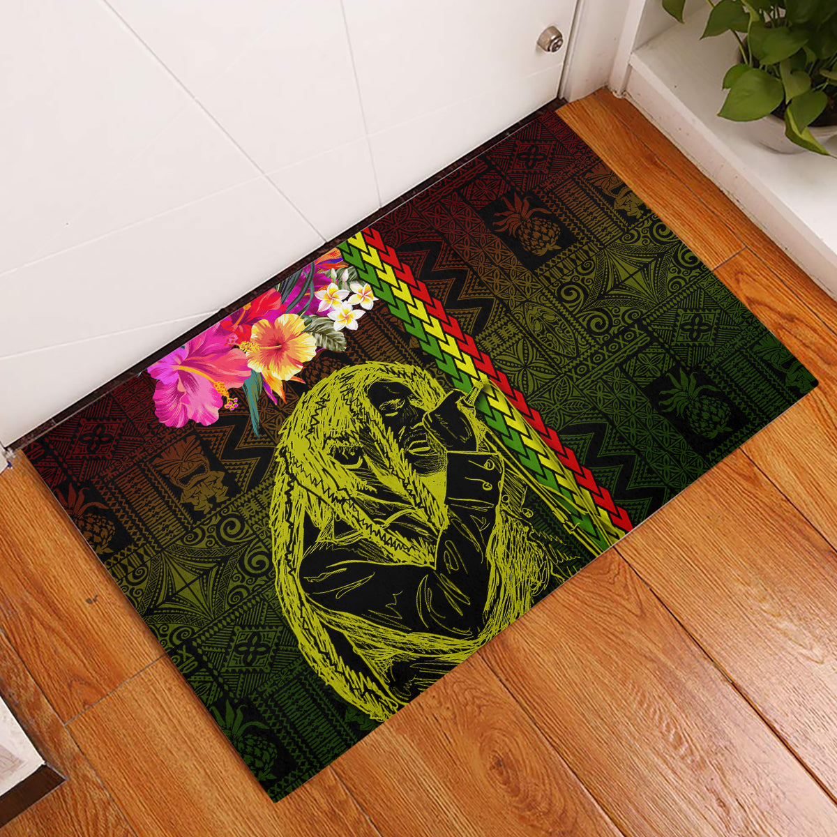 Hawaiian Reggae Music Rubber Doormat Jamaica Singer Tribal Polynesian and Hibiscus - Wonder Print Shop