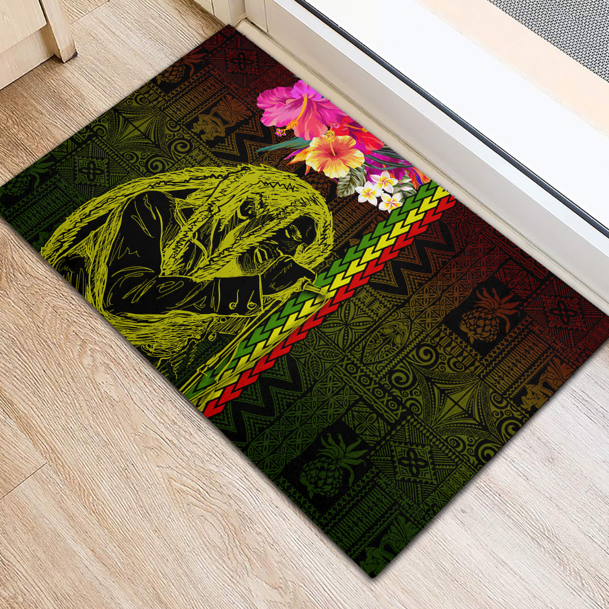 Hawaiian Reggae Music Rubber Doormat Jamaica Singer Tribal Polynesian and Hibiscus - Wonder Print Shop