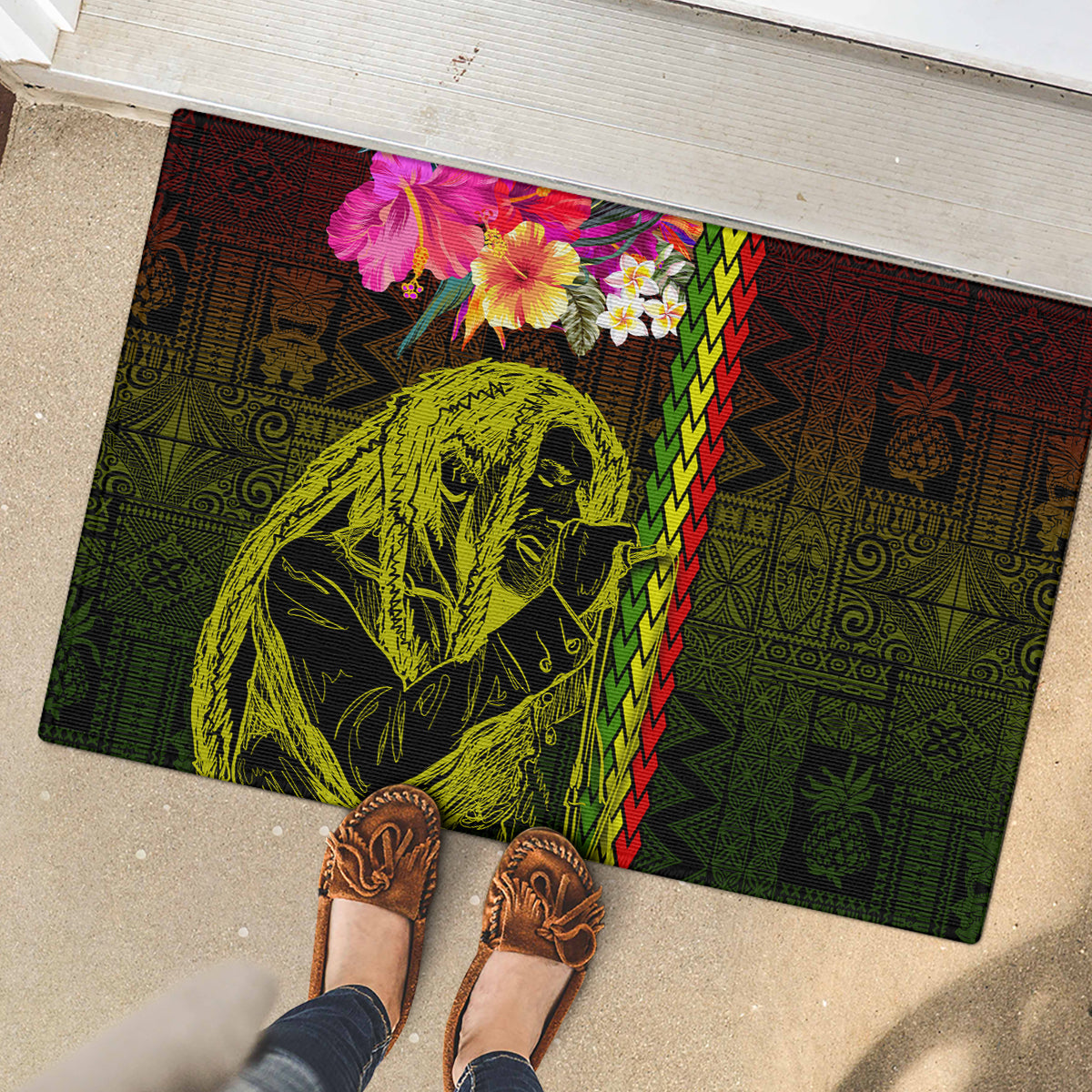 Hawaiian Reggae Music Rubber Doormat Jamaica Singer Tribal Polynesian and Hibiscus - Wonder Print Shop