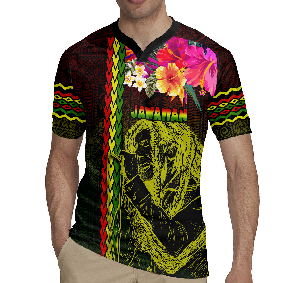 Hawaiian Reggae Music Rugby Jersey Jamaica Singer Tribal Polynesian and Hibiscus - Wonder Print Shop