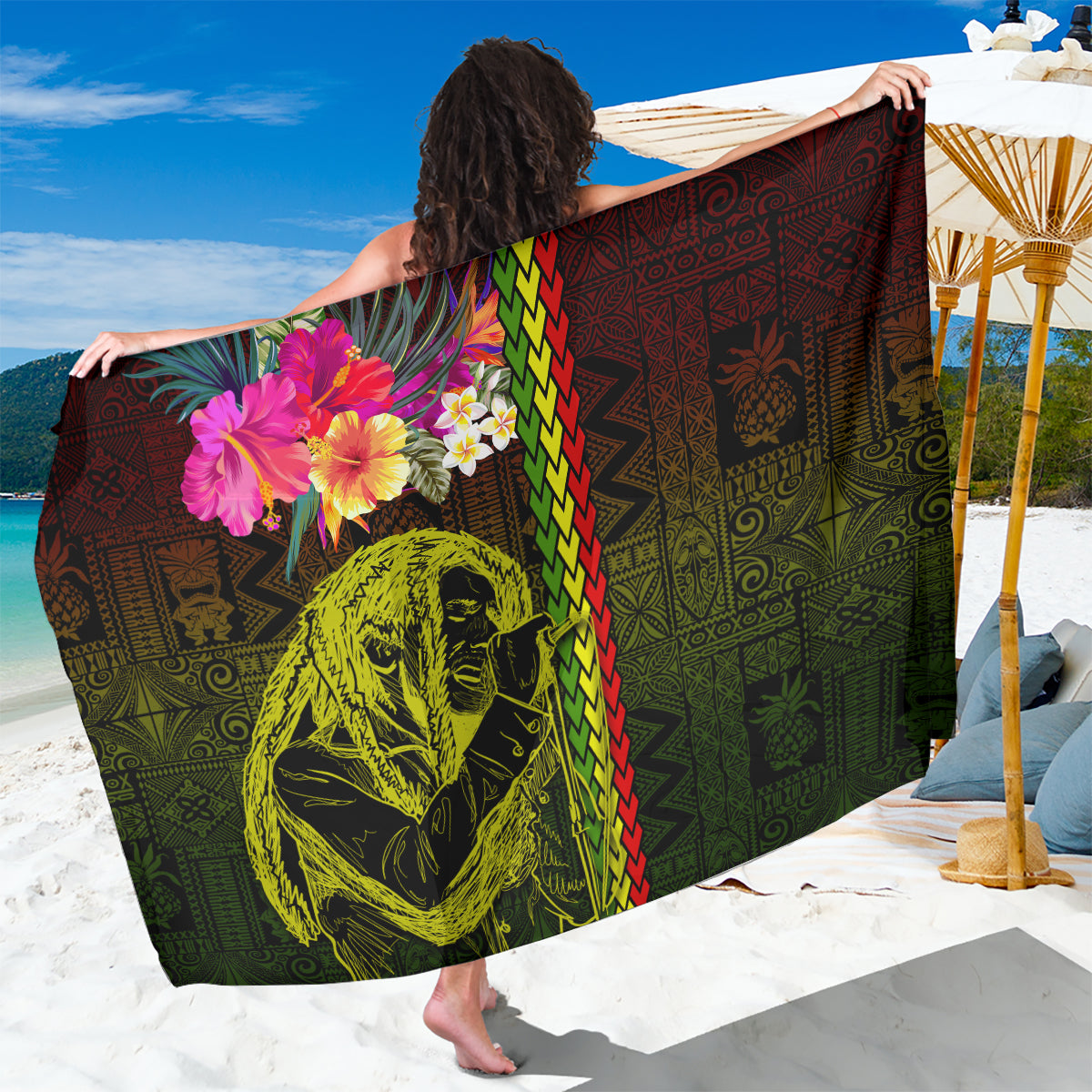 Hawaiian Reggae Music Sarong Jamaica Singer Tribal Polynesian and Hibiscus - Wonder Print Shop