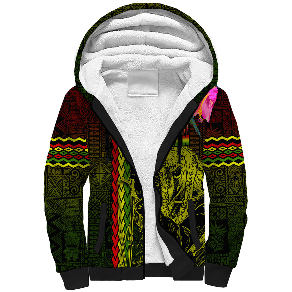 Hawaiian Reggae Music Sherpa Hoodie Jamaica Singer Tribal Polynesian and Hibiscus - Wonder Print Shop