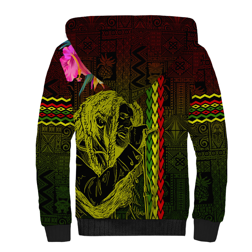 Hawaiian Reggae Music Sherpa Hoodie Jamaica Singer Tribal Polynesian and Hibiscus - Wonder Print Shop