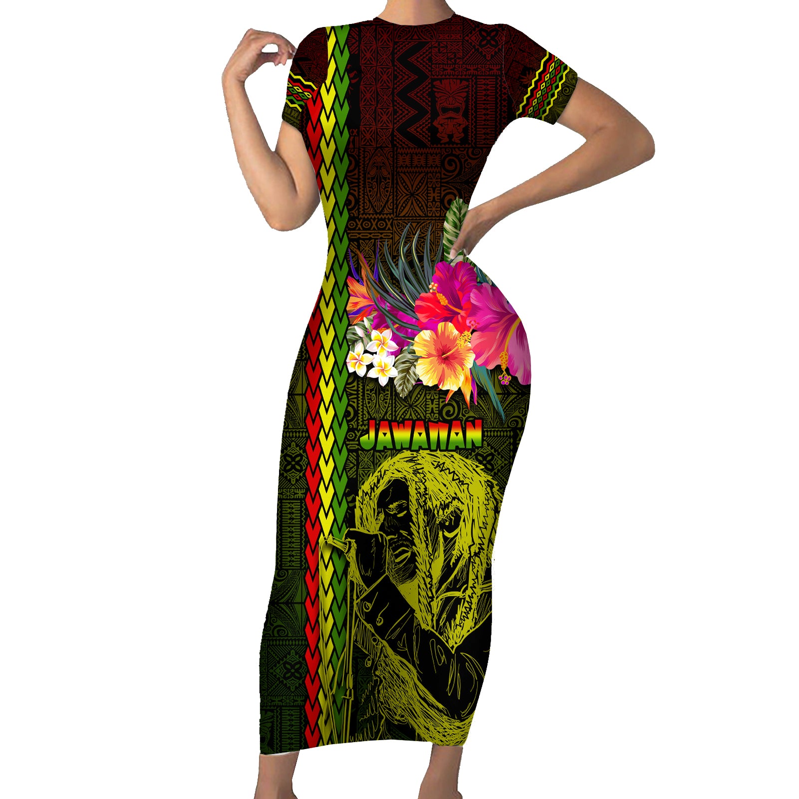 Hawaiian Reggae Music Short Sleeve Bodycon Dress Jamaica Singer Tribal Polynesian and Hibiscus - Wonder Print Shop
