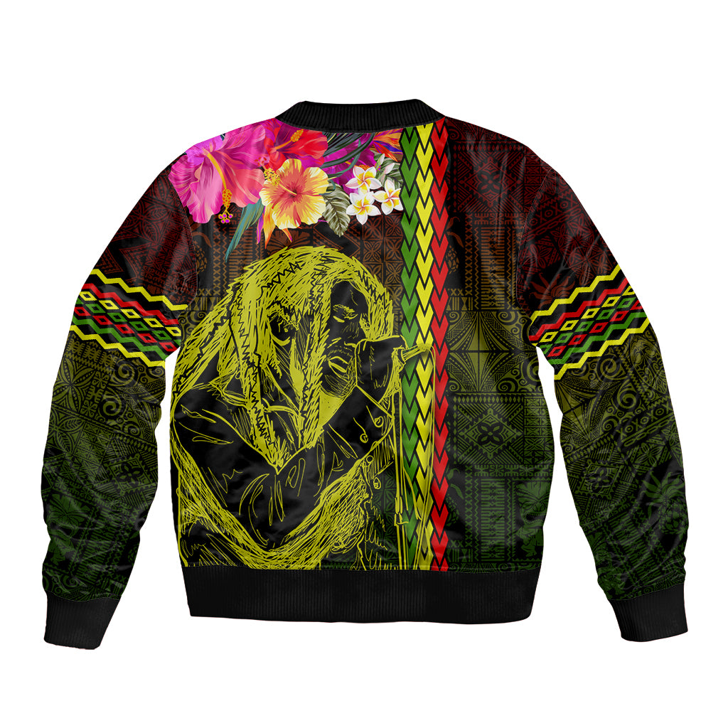 Hawaiian Reggae Music Sleeve Zip Bomber Jacket Jamaica Singer Tribal Polynesian and Hibiscus - Wonder Print Shop