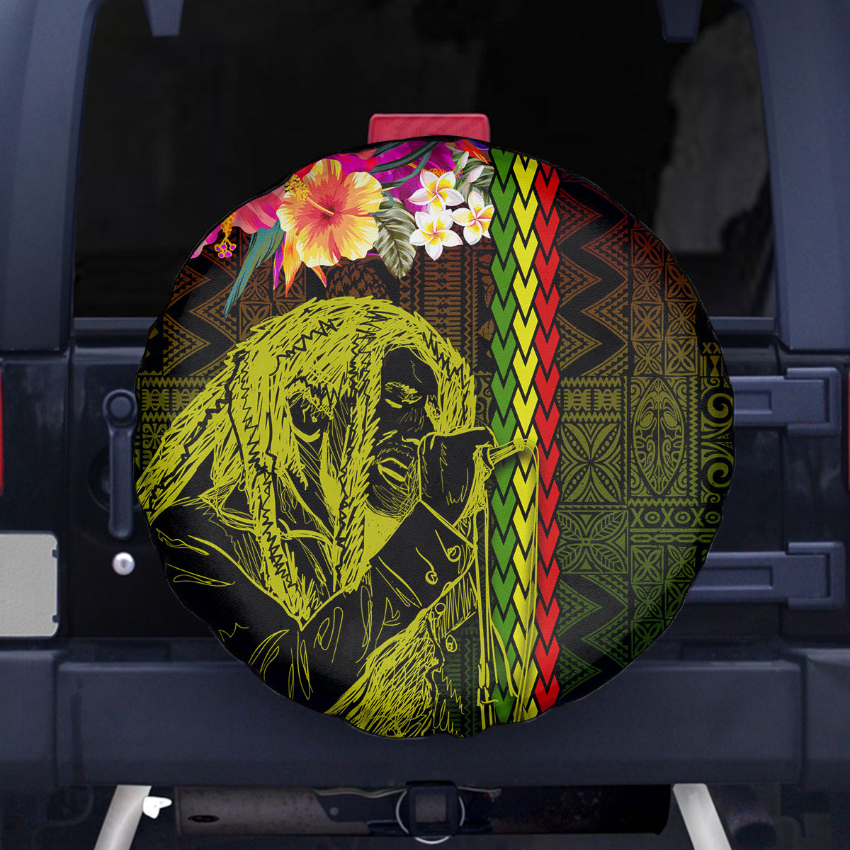 Hawaiian Reggae Music Spare Tire Cover Jamaica Singer Tribal Polynesian and Hibiscus - Wonder Print Shop