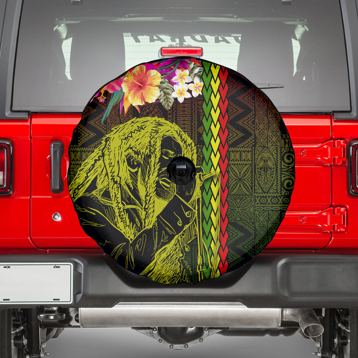 Hawaiian Reggae Music Spare Tire Cover Jamaica Singer Tribal Polynesian and Hibiscus - Wonder Print Shop