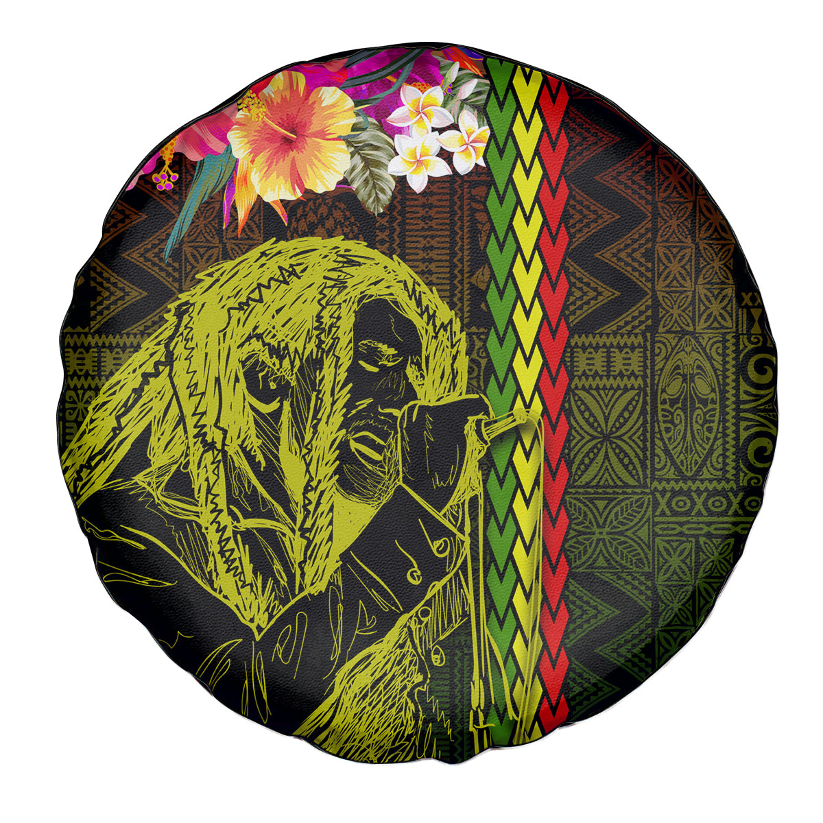 Hawaiian Reggae Music Spare Tire Cover Jamaica Singer Tribal Polynesian and Hibiscus - Wonder Print Shop