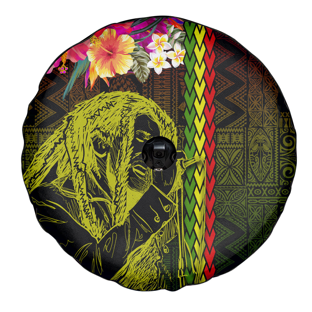 Hawaiian Reggae Music Spare Tire Cover Jamaica Singer Tribal Polynesian and Hibiscus - Wonder Print Shop