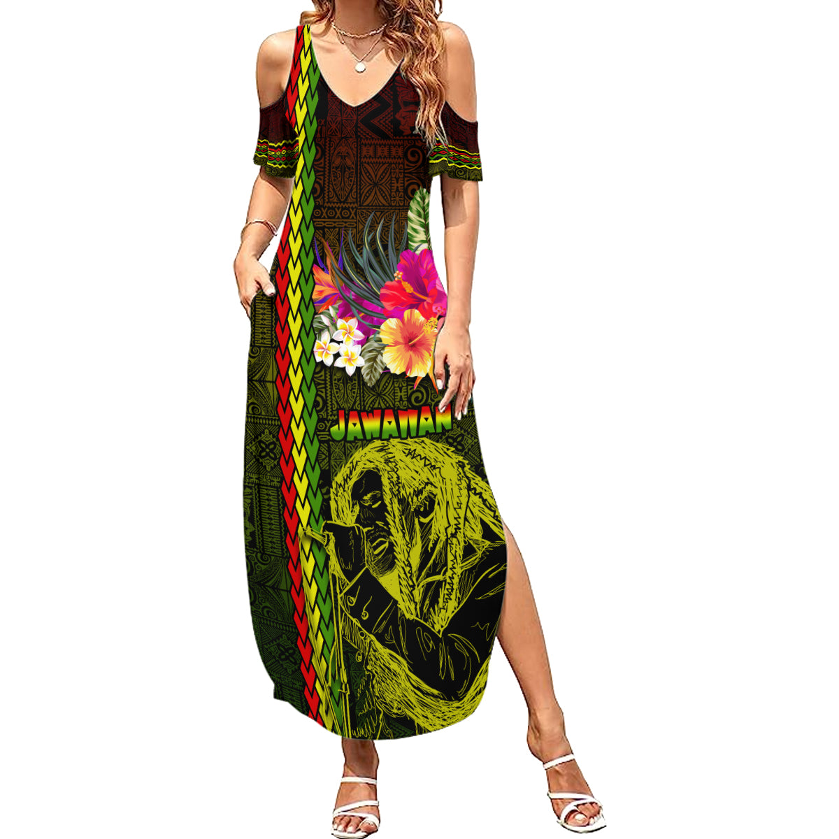 Hawaiian Reggae Music Summer Maxi Dress Jamaica Singer Tribal Polynesian and Hibiscus - Wonder Print Shop