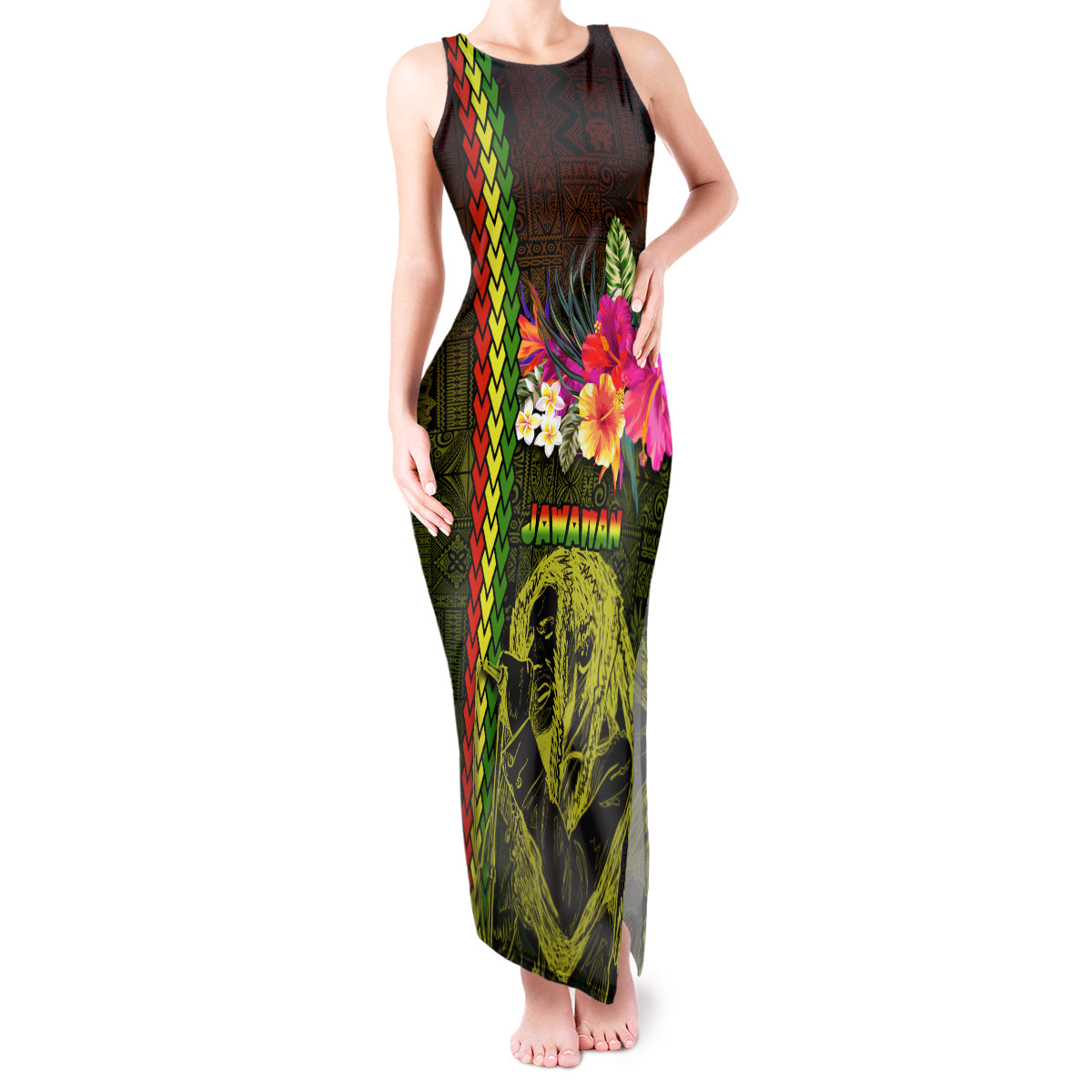 Hawaiian Reggae Music Tank Maxi Dress Jamaica Singer Tribal Polynesian and Hibiscus - Wonder Print Shop