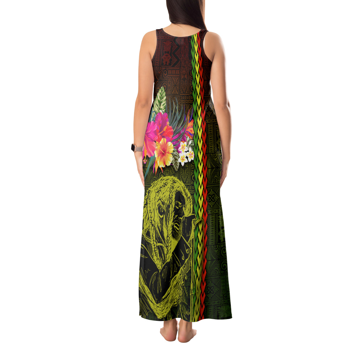 Hawaiian Reggae Music Tank Maxi Dress Jamaica Singer Tribal Polynesian and Hibiscus - Wonder Print Shop