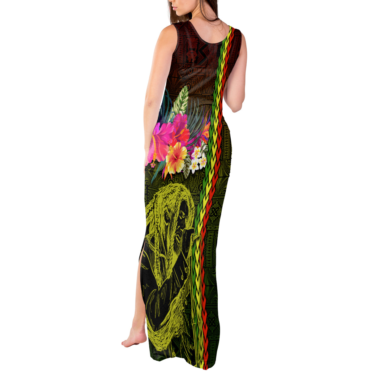 Hawaiian Reggae Music Tank Maxi Dress Jamaica Singer Tribal Polynesian and Hibiscus - Wonder Print Shop