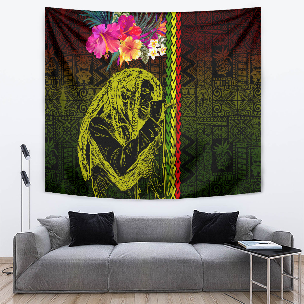 Hawaiian Reggae Music Tapestry Jamaica Singer Tribal Polynesian and Hibiscus - Wonder Print Shop