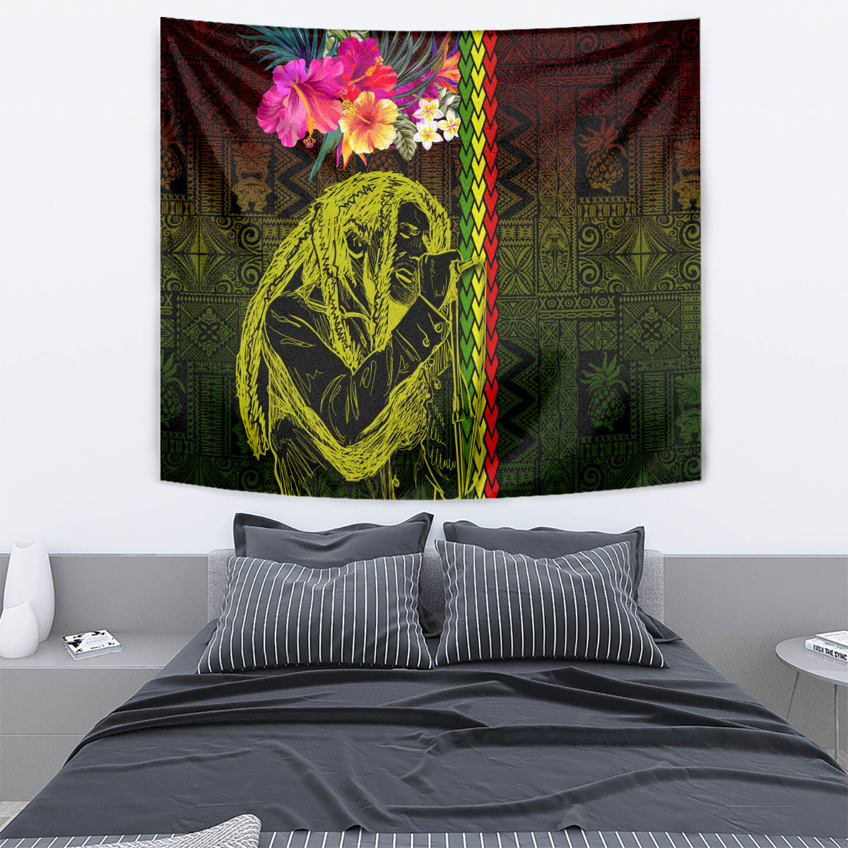 Hawaiian Reggae Music Tapestry Jamaica Singer Tribal Polynesian and Hibiscus - Wonder Print Shop