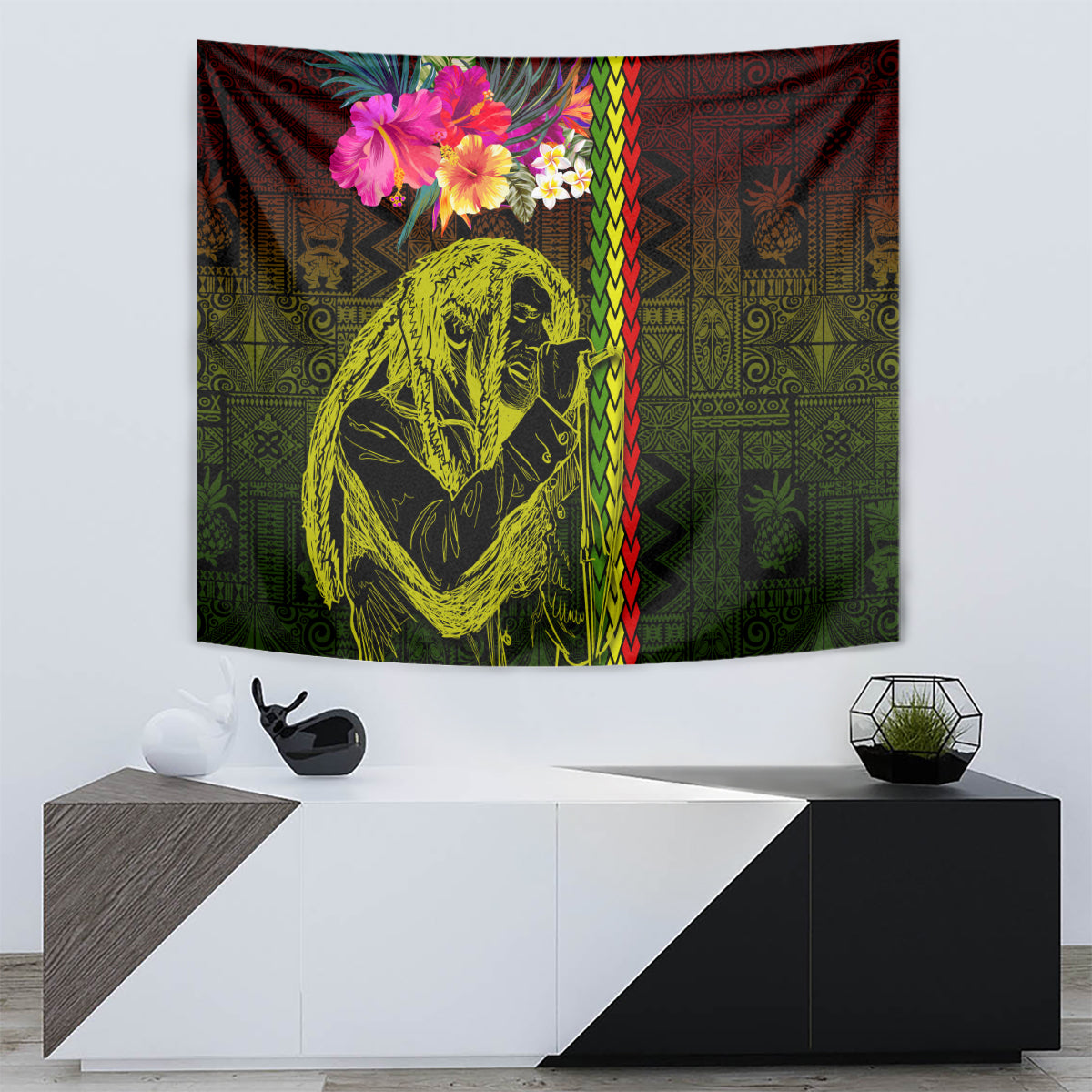 Hawaiian Reggae Music Tapestry Jamaica Singer Tribal Polynesian and Hibiscus - Wonder Print Shop