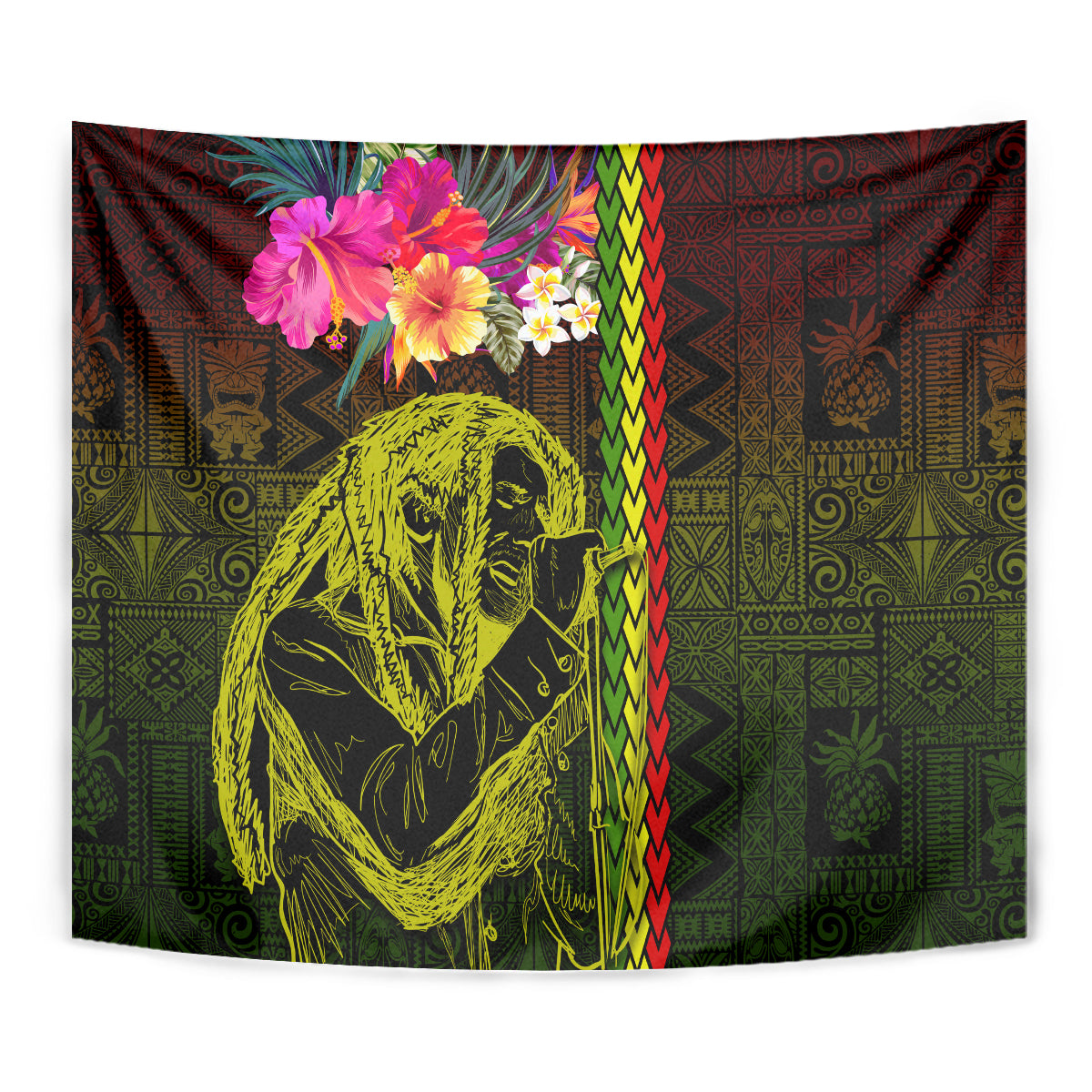 Hawaiian Reggae Music Tapestry Jamaica Singer Tribal Polynesian and Hibiscus - Wonder Print Shop