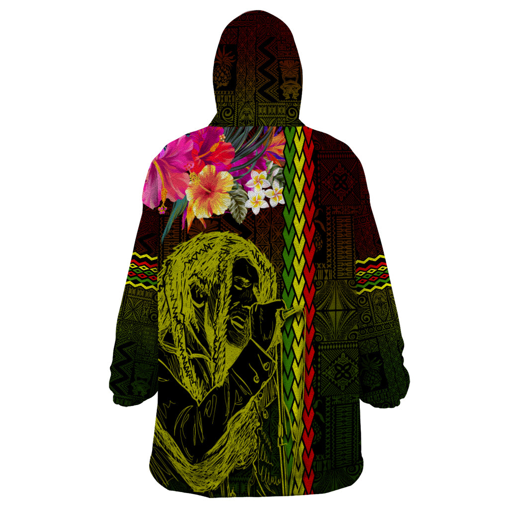 Hawaiian Reggae Music Wearable Blanket Hoodie Jamaica Singer Tribal Polynesian and Hibiscus - Wonder Print Shop