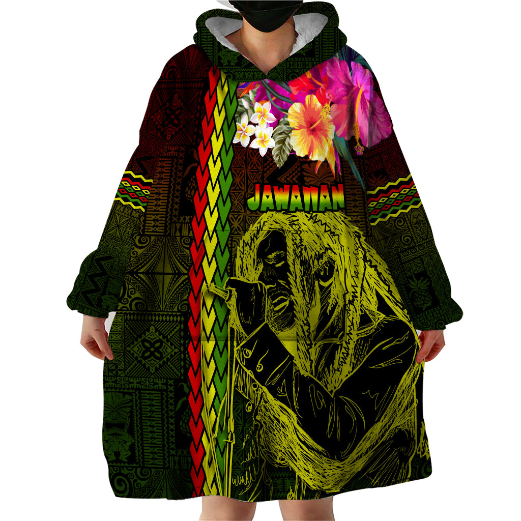 Hawaiian Reggae Music Wearable Blanket Hoodie Jamaica Singer Tribal Polynesian and Hibiscus - Wonder Print Shop