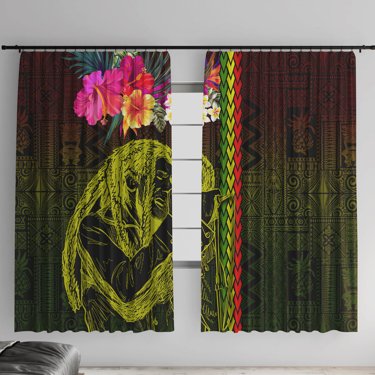 Hawaiian Reggae Music Window Curtain Jamaica Singer Tribal Polynesian and Hibiscus - Wonder Print Shop