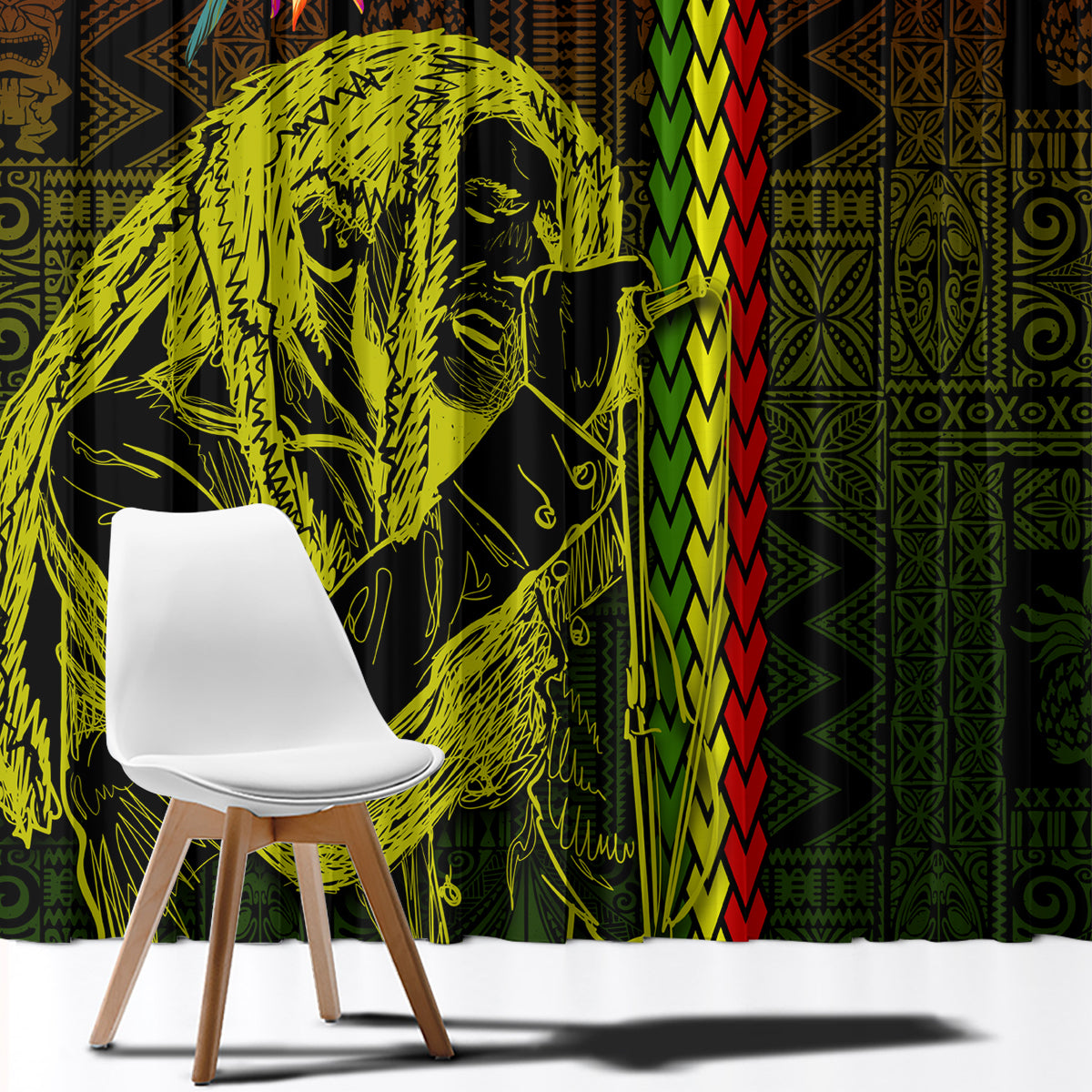 Hawaiian Reggae Music Window Curtain Jamaica Singer Tribal Polynesian and Hibiscus - Wonder Print Shop