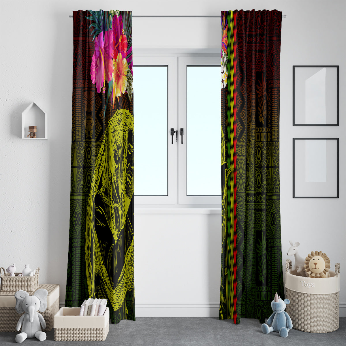Hawaiian Reggae Music Window Curtain Jamaica Singer Tribal Polynesian and Hibiscus - Wonder Print Shop