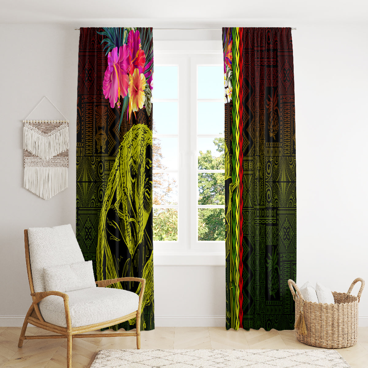 Hawaiian Reggae Music Window Curtain Jamaica Singer Tribal Polynesian and Hibiscus - Wonder Print Shop