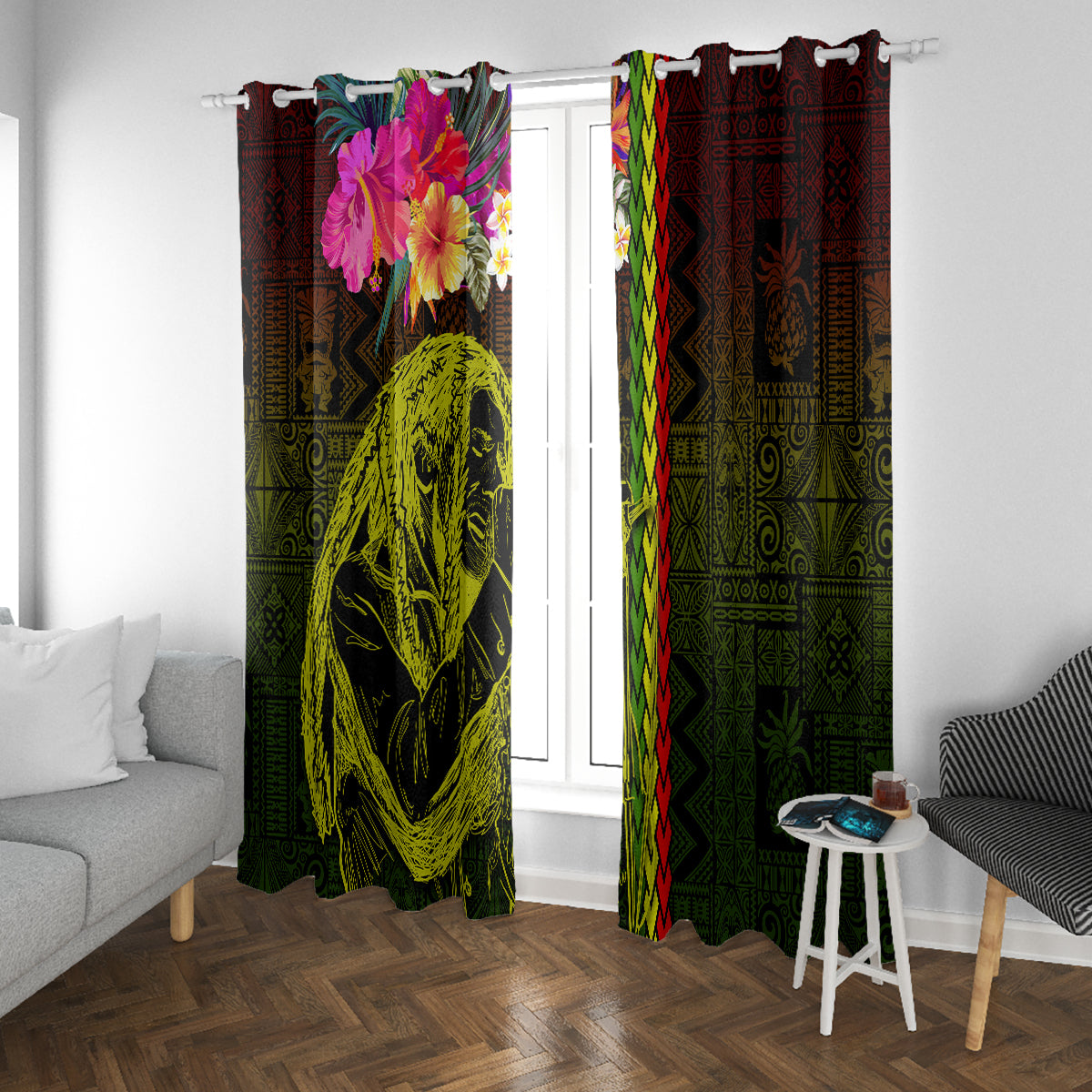 Hawaiian Reggae Music Window Curtain Jamaica Singer Tribal Polynesian and Hibiscus - Wonder Print Shop