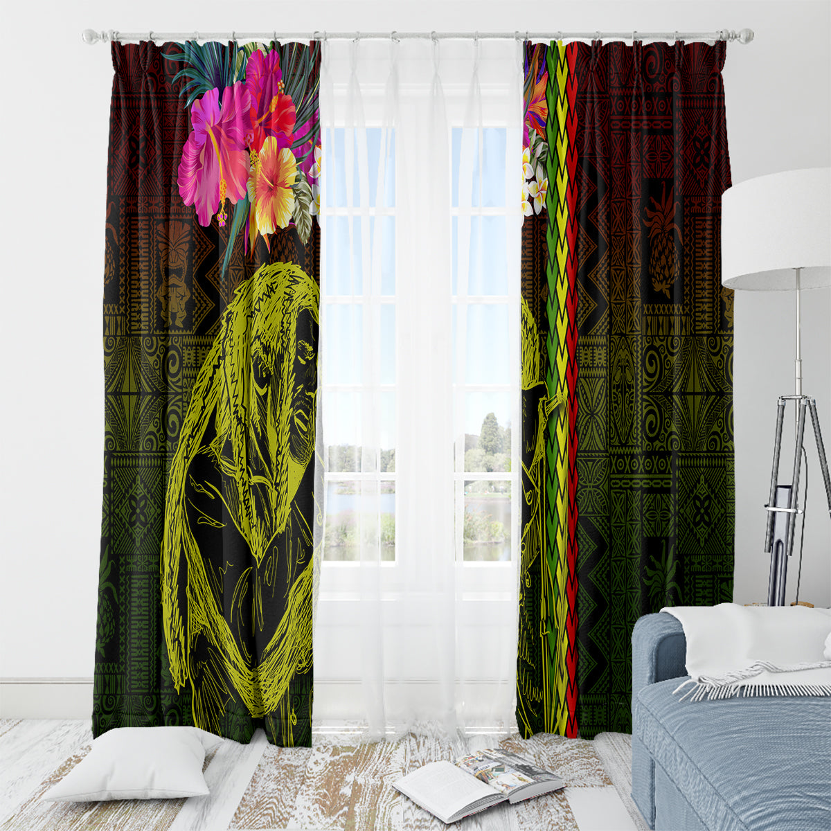 Hawaiian Reggae Music Window Curtain Jamaica Singer Tribal Polynesian and Hibiscus - Wonder Print Shop