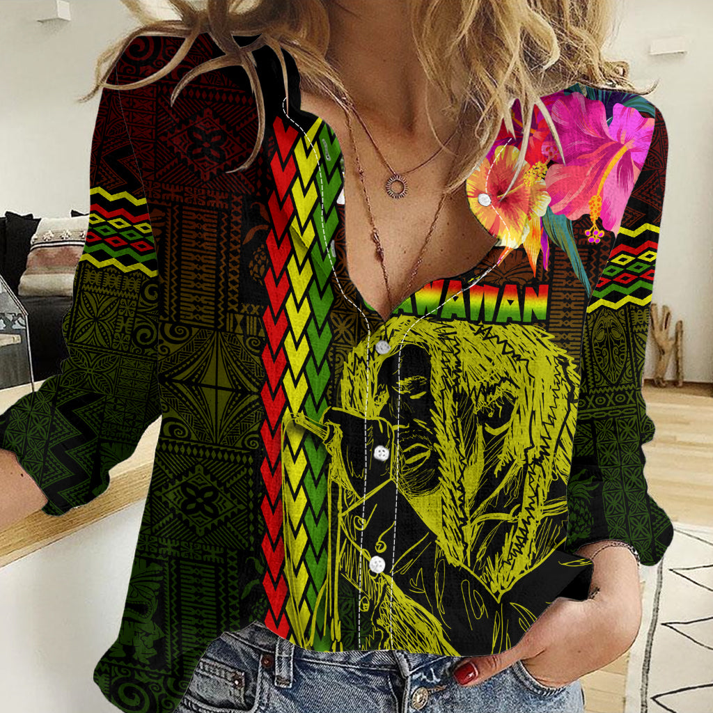 Hawaiian Reggae Music Women Casual Shirt Jamaica Singer Tribal Polynesian and Hibiscus - Wonder Print Shop