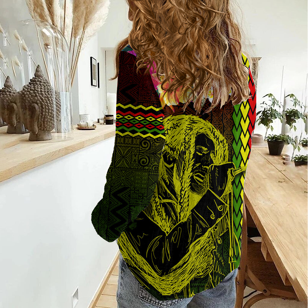 Hawaiian Reggae Music Women Casual Shirt Jamaica Singer Tribal Polynesian and Hibiscus - Wonder Print Shop