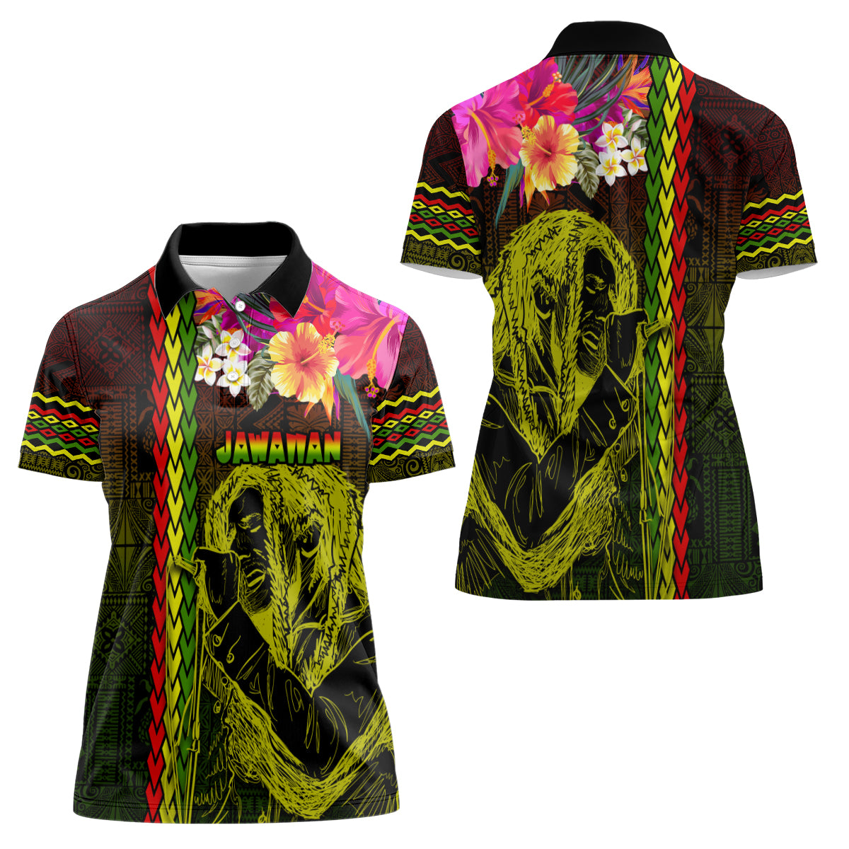 Hawaiian Reggae Music Women Polo Shirt Jamaica Singer Tribal Polynesian and Hibiscus - Wonder Print Shop