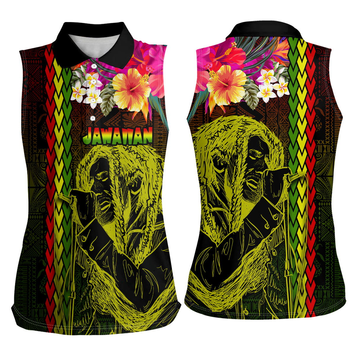 Hawaiian Reggae Music Women Sleeveless Polo Shirt Jamaica Singer Tribal Polynesian and Hibiscus - Wonder Print Shop
