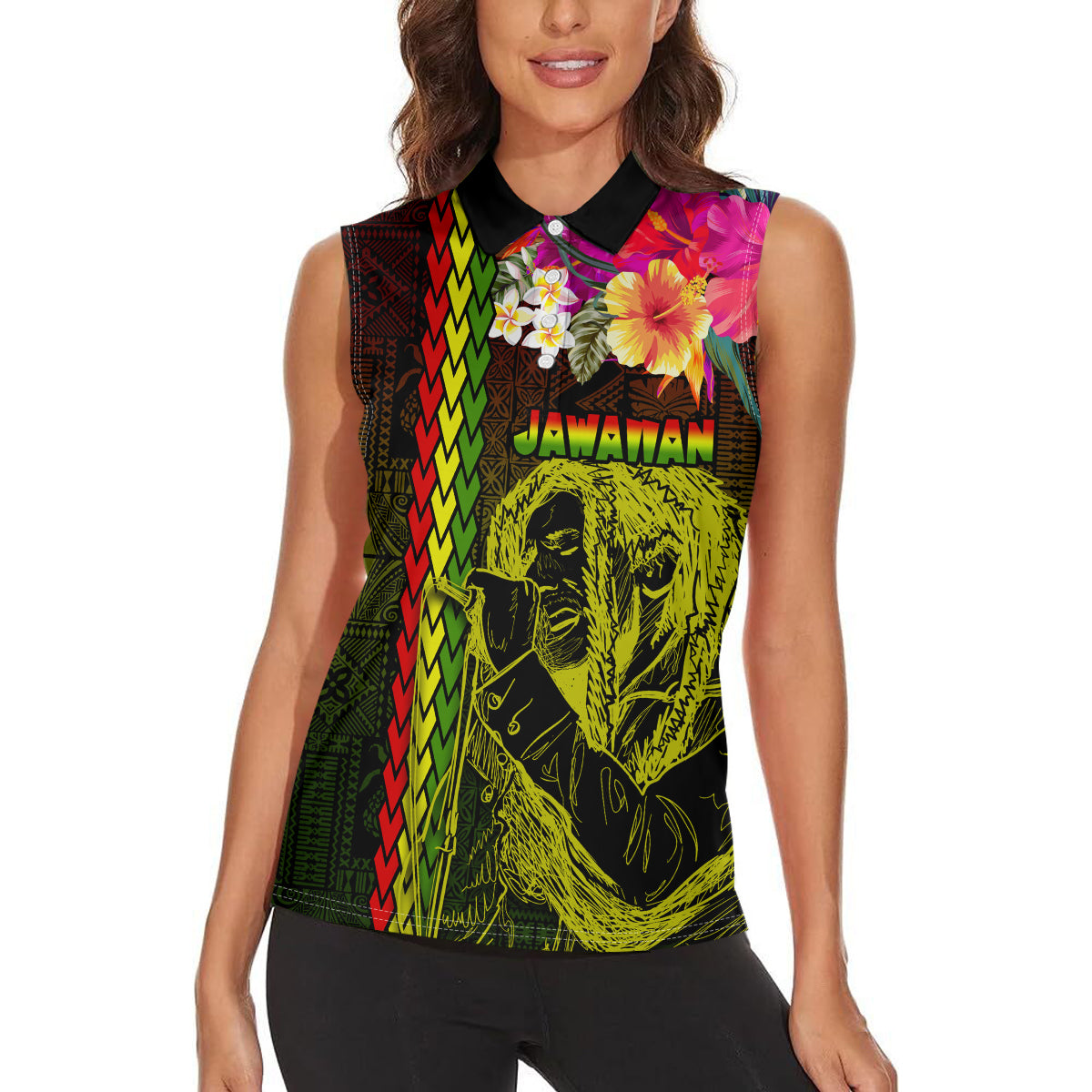 Hawaiian Reggae Music Women Sleeveless Polo Shirt Jamaica Singer Tribal Polynesian and Hibiscus - Wonder Print Shop