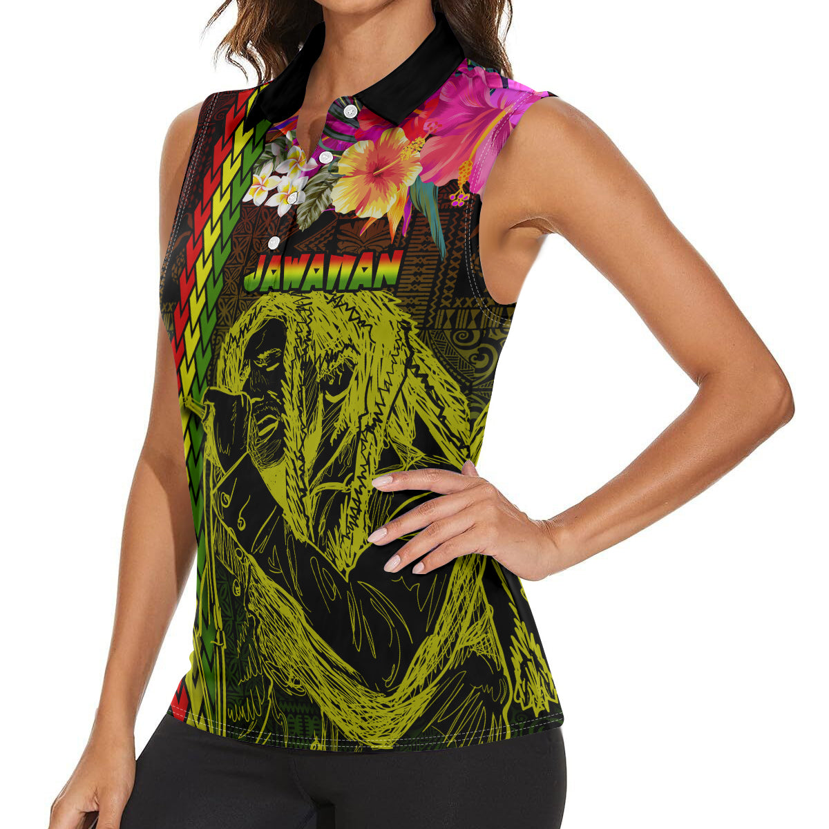 Hawaiian Reggae Music Women Sleeveless Polo Shirt Jamaica Singer Tribal Polynesian and Hibiscus - Wonder Print Shop