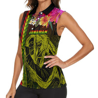 Hawaiian Reggae Music Women Sleeveless Polo Shirt Jamaica Singer Tribal Polynesian and Hibiscus - Wonder Print Shop