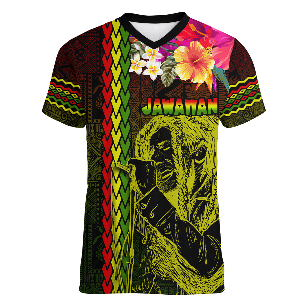 Hawaiian Reggae Music Women V-Neck T-Shirt Jamaica Singer Tribal Polynesian and Hibiscus - Wonder Print Shop