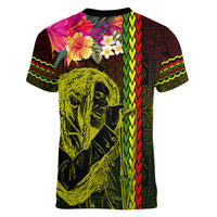 Hawaiian Reggae Music Women V-Neck T-Shirt Jamaica Singer Tribal Polynesian and Hibiscus - Wonder Print Shop