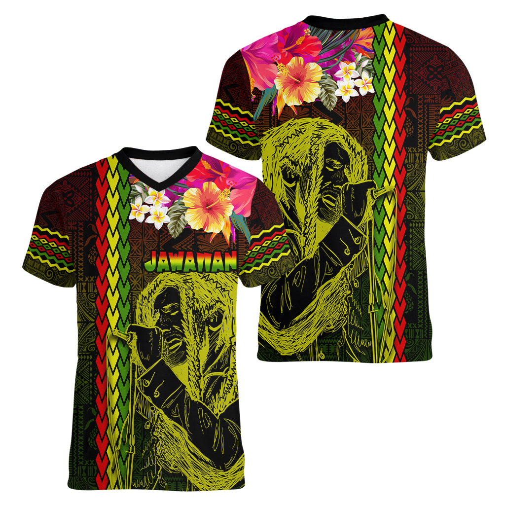 Hawaiian Reggae Music Women V-Neck T-Shirt Jamaica Singer Tribal Polynesian and Hibiscus - Wonder Print Shop