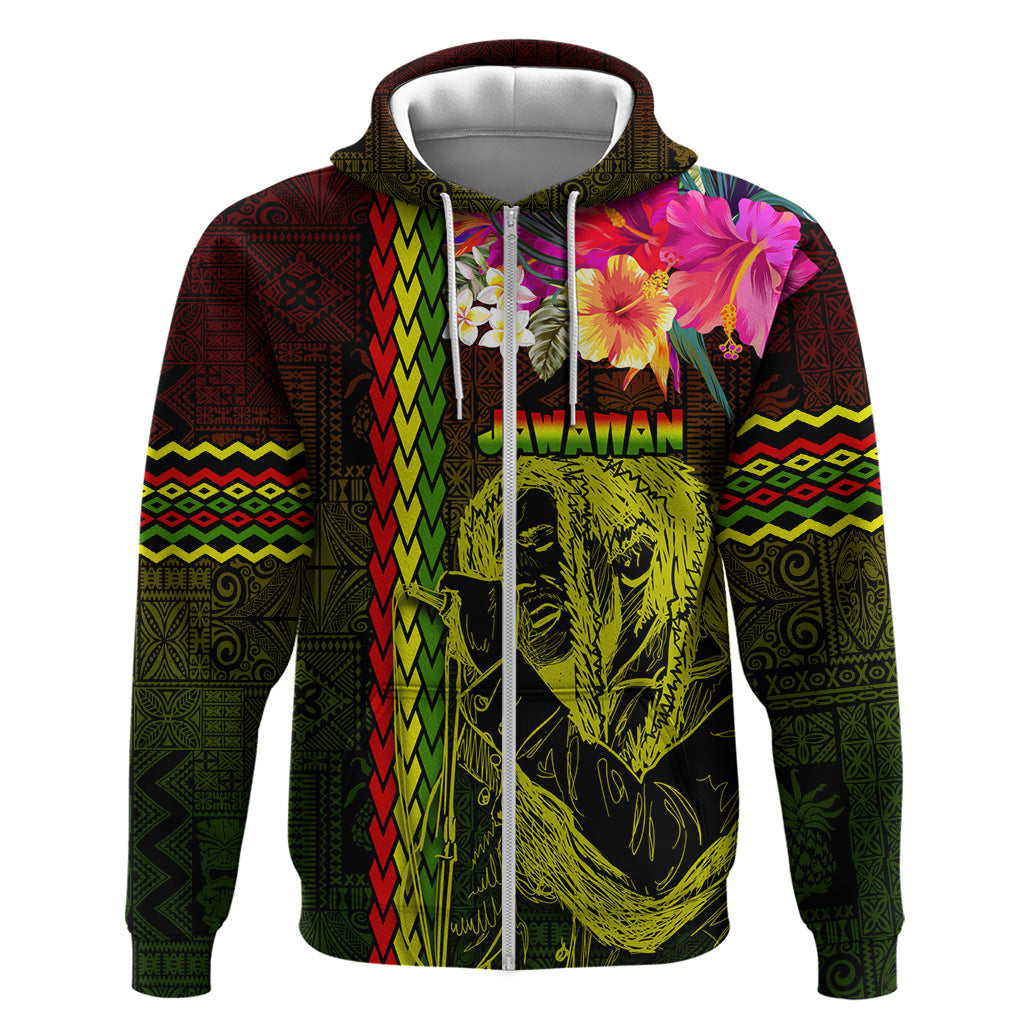 Hawaiian Reggae Music Zip Hoodie Jamaica Singer Tribal Polynesian and Hibiscus - Wonder Print Shop
